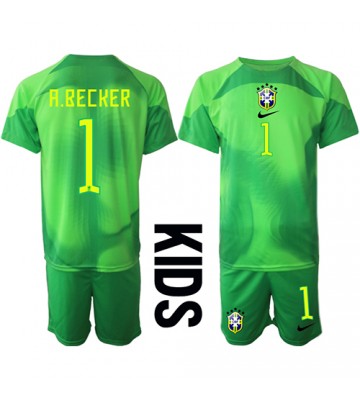 Brasilien Alisson Becker #1 Målvakt Bortaställ Barn VM 2022 Kortärmad (+ Korta byxor)